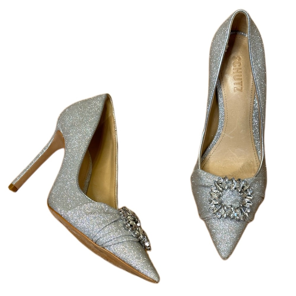 Schutz Meisho Glam Glitter Silver Pointed Toe Stiletto Heel